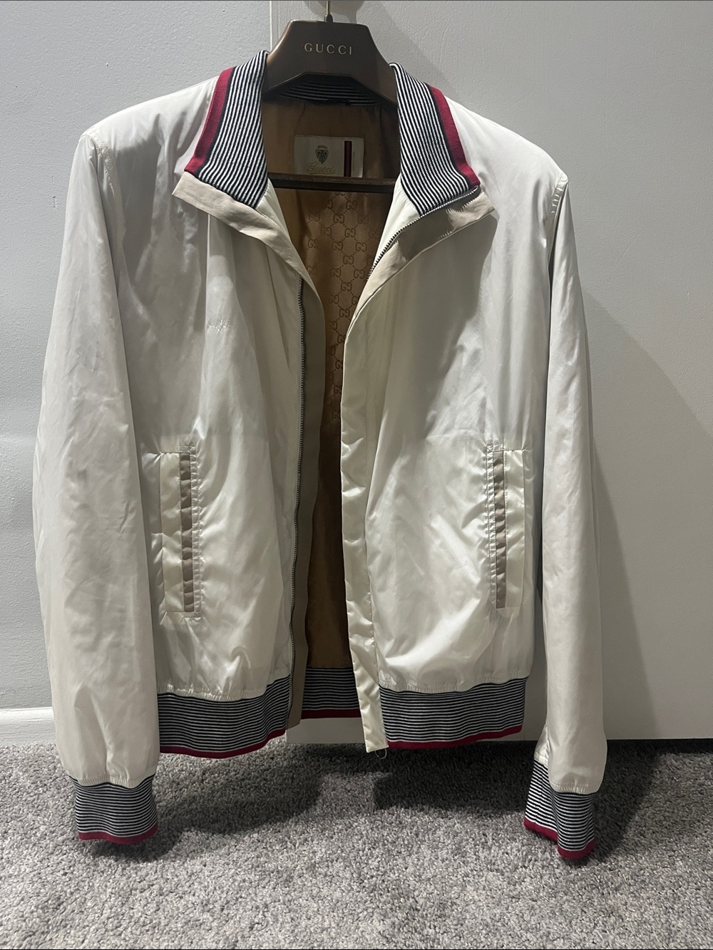 Gucci White Bomber Jacket with Navy-Striped and Red Trim